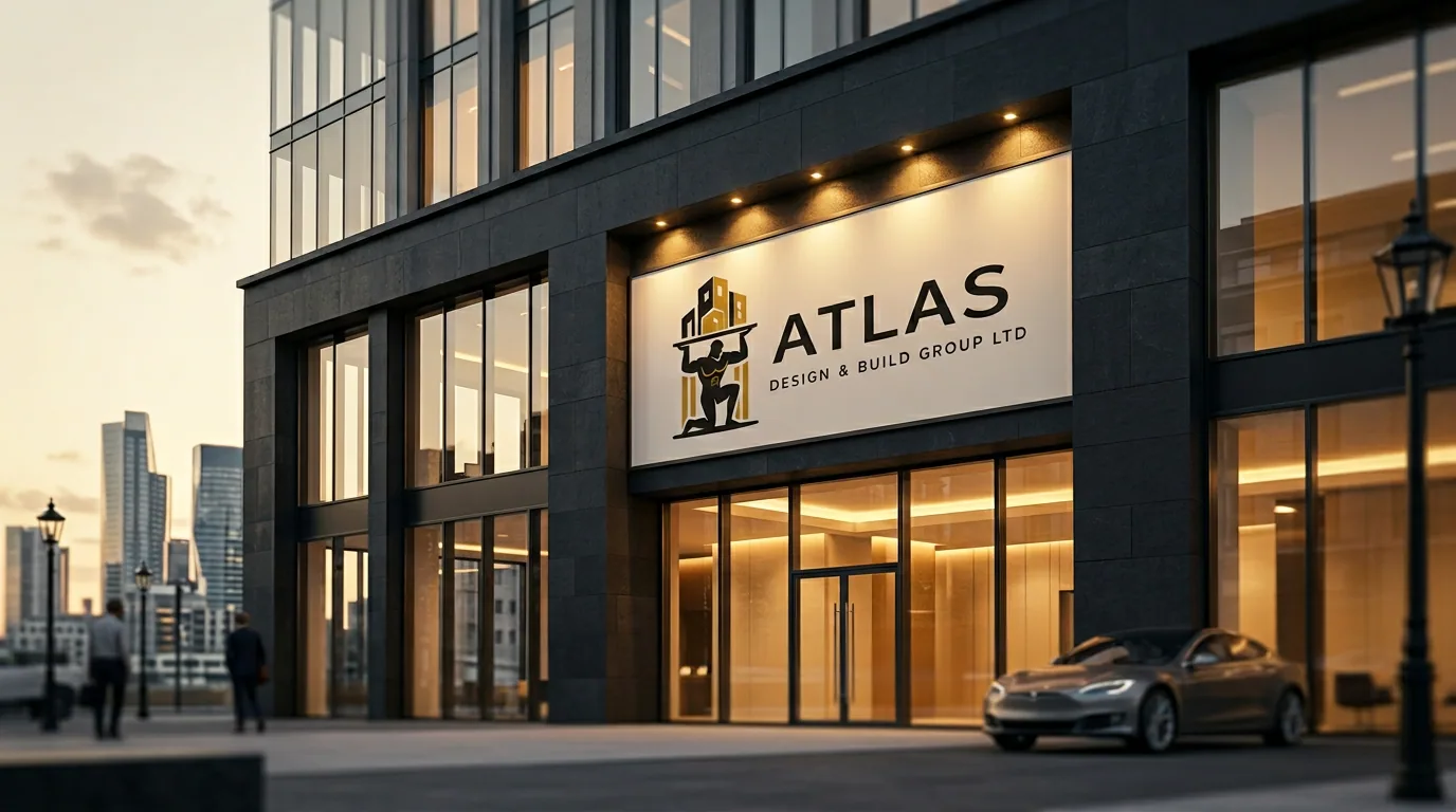 Atlas Design & Build Group office building exterior at golden hour