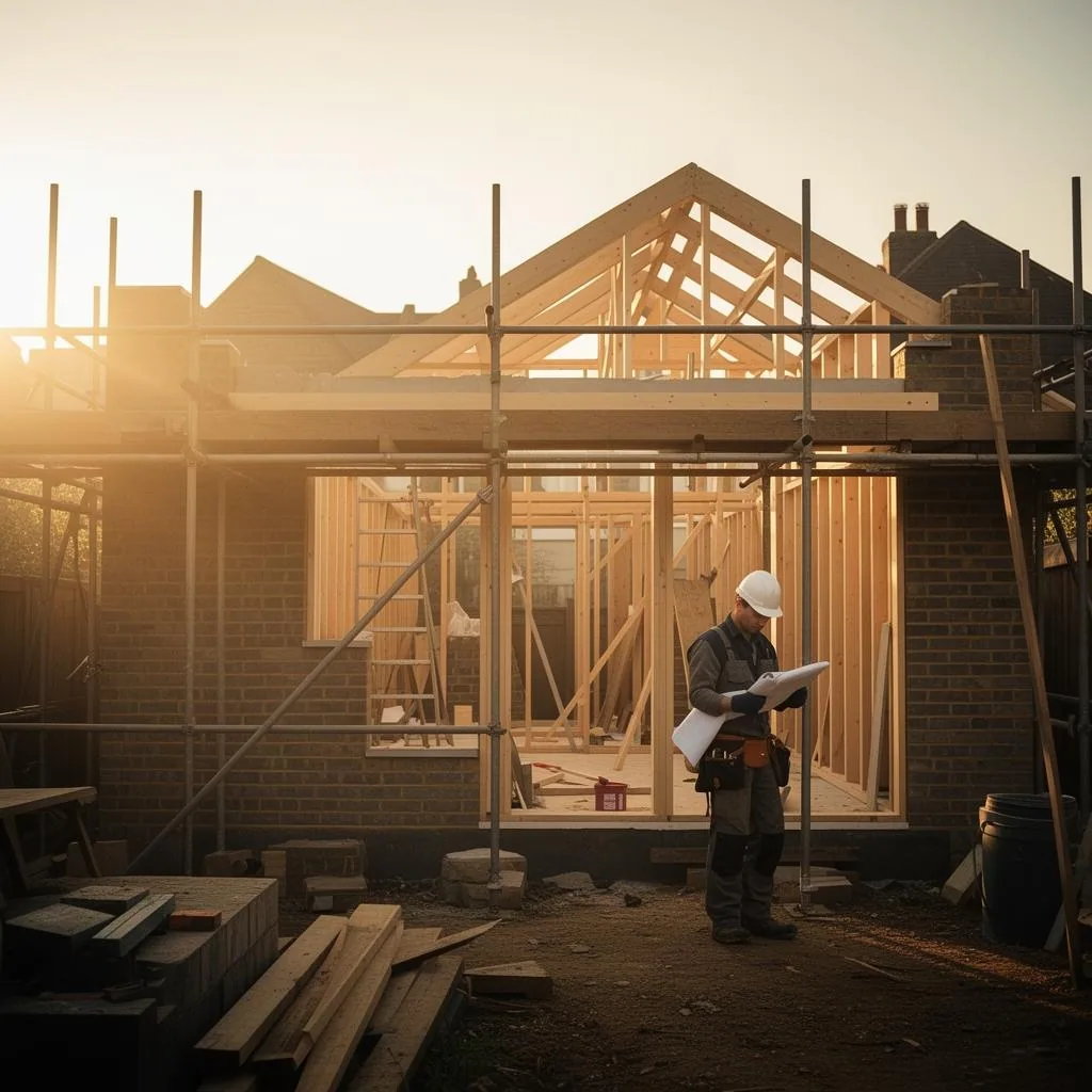 Master craftsman reviewing architectural blueprints in golden light