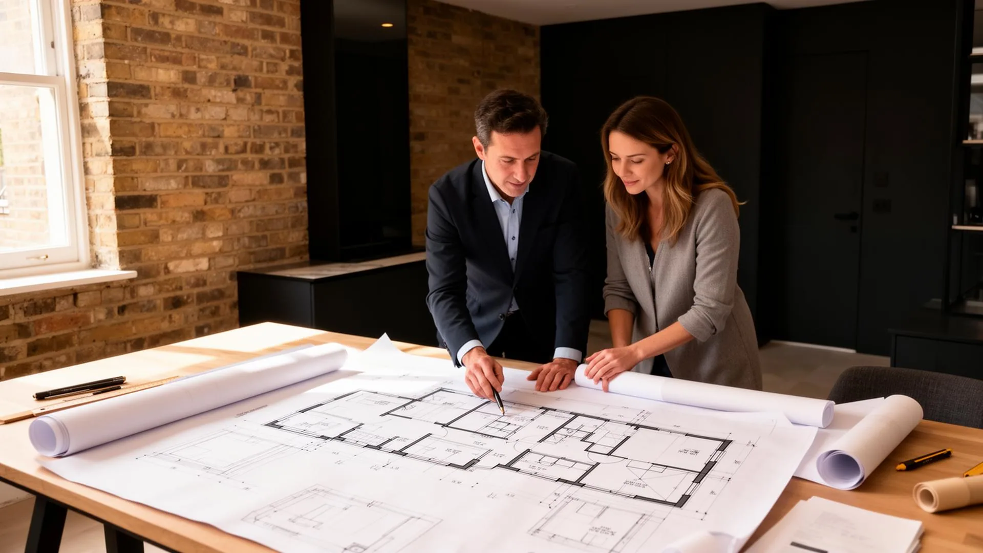 Architect reviewing renovation blueprints during a home consultation in London