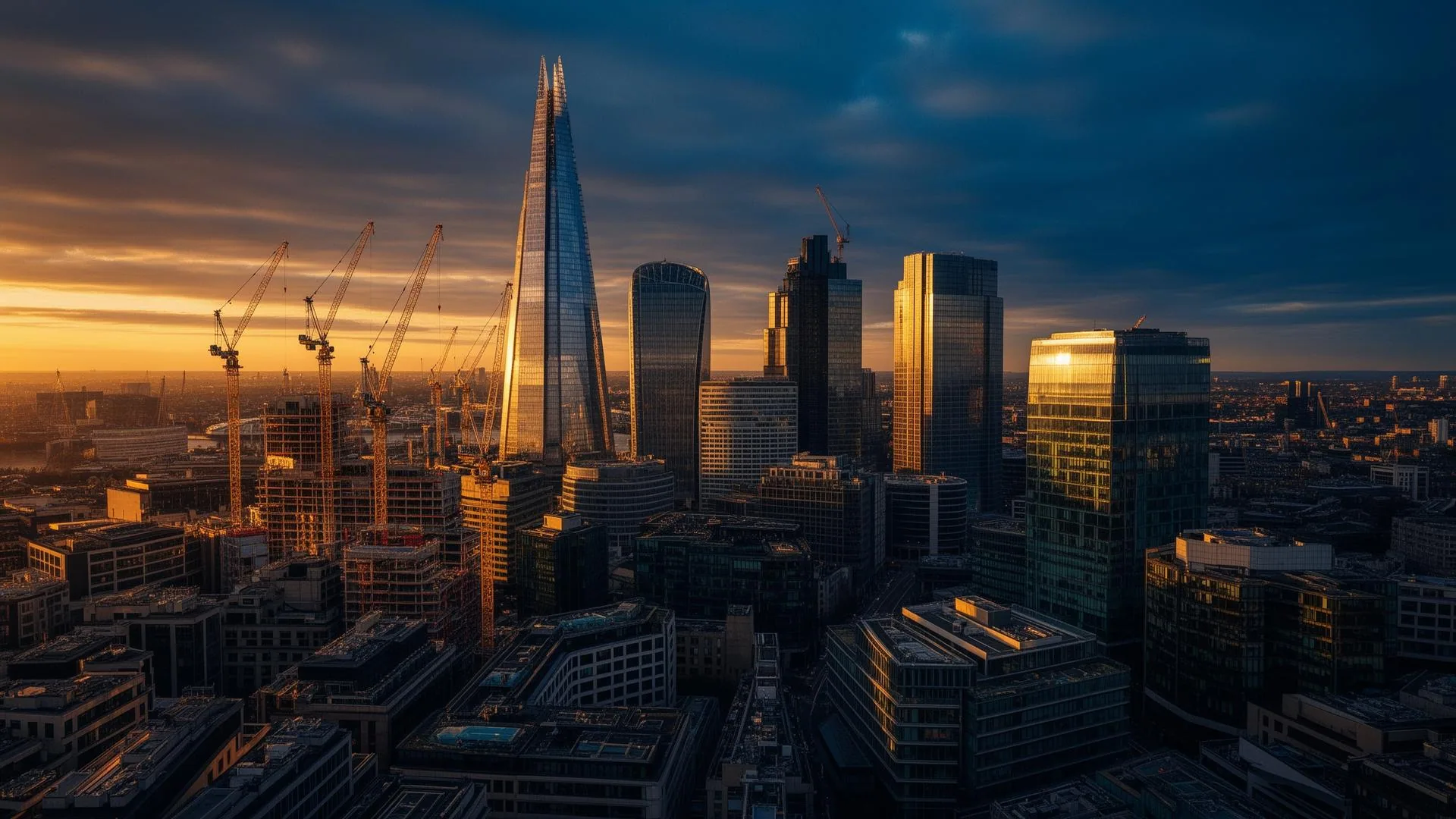 London skyline with construction cranes at golden hour